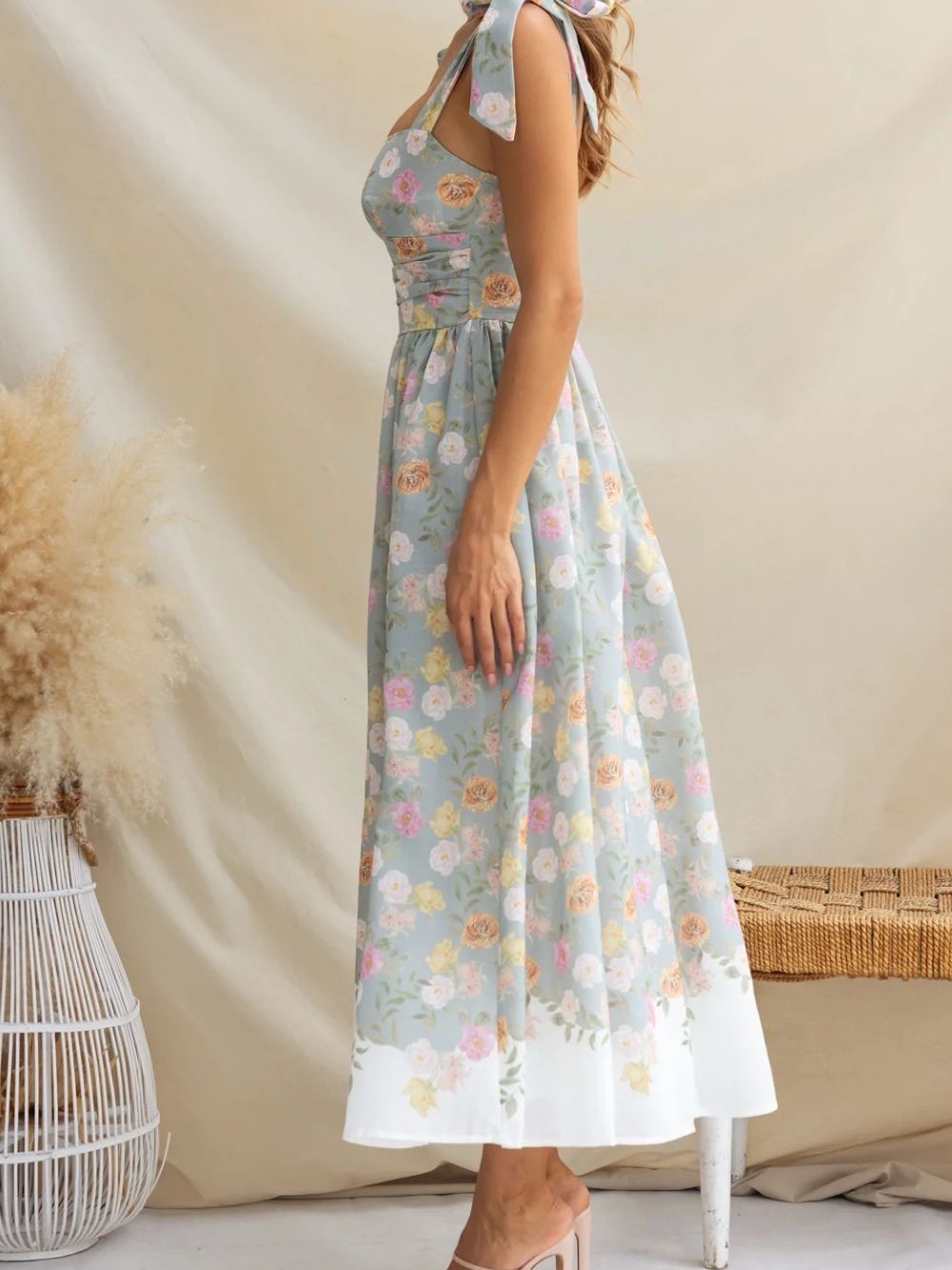 Floral Tie-Shoulder Maxi Dress in Light Blue
